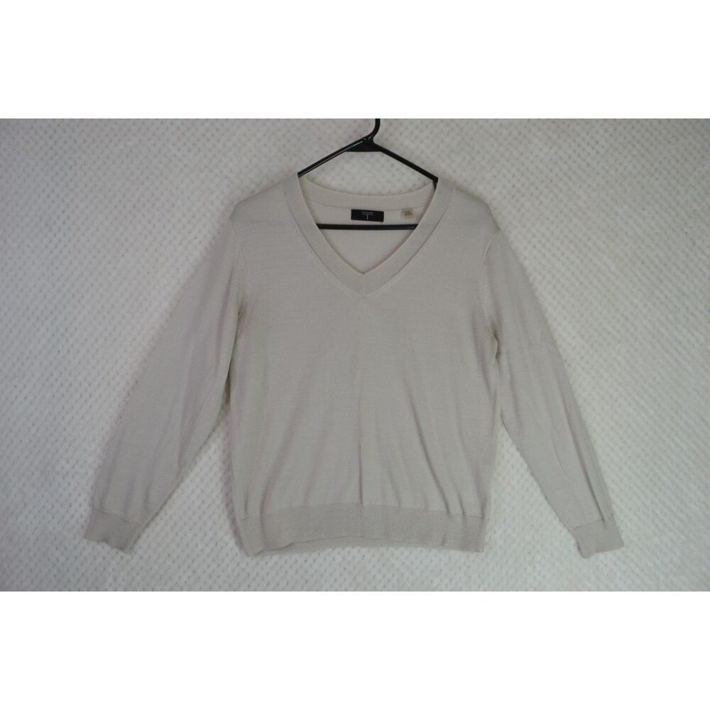 Tahari Women's Medium Cream Wool Blend V Neck Lightweight Sweater